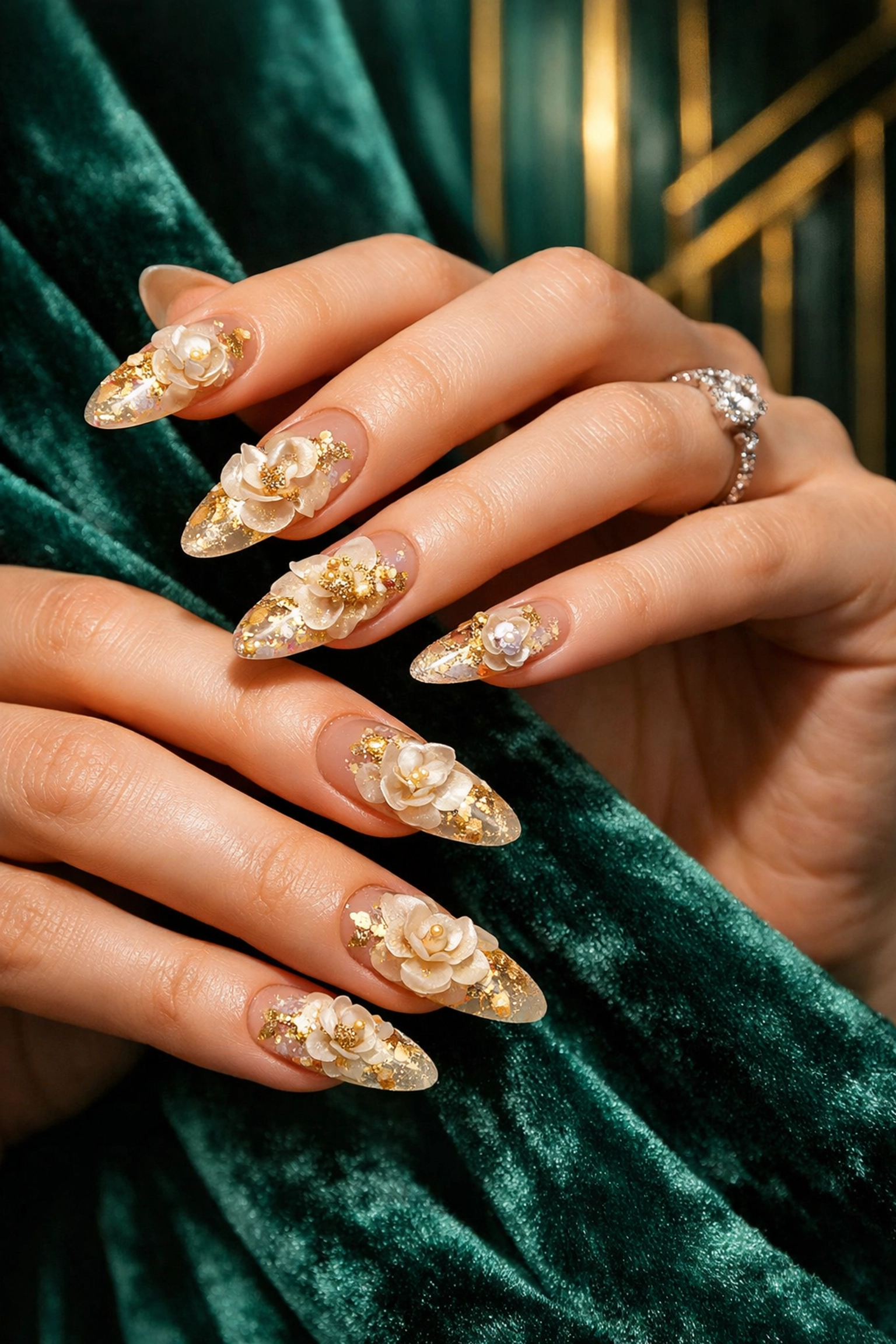 Artistic 3D blooming gel floral manicure with gold leaf details for luxury nail health.