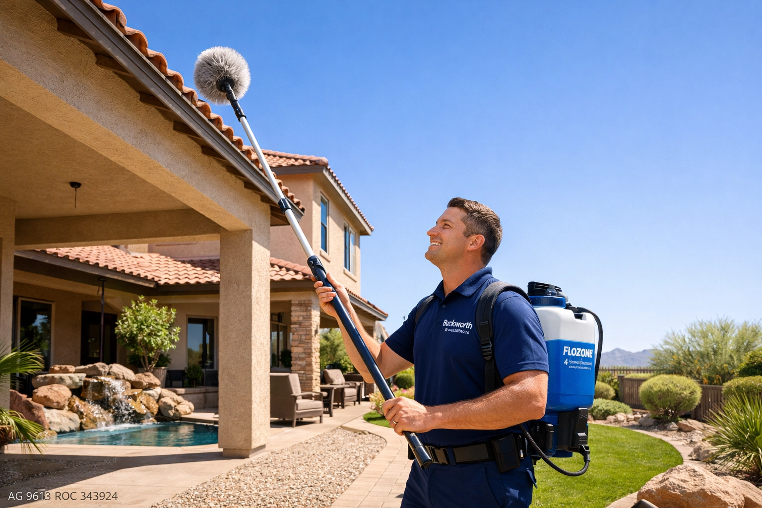 Bucksworth technician performing professional spider de-webbing and pest control in Gilbert, AZ 85234.