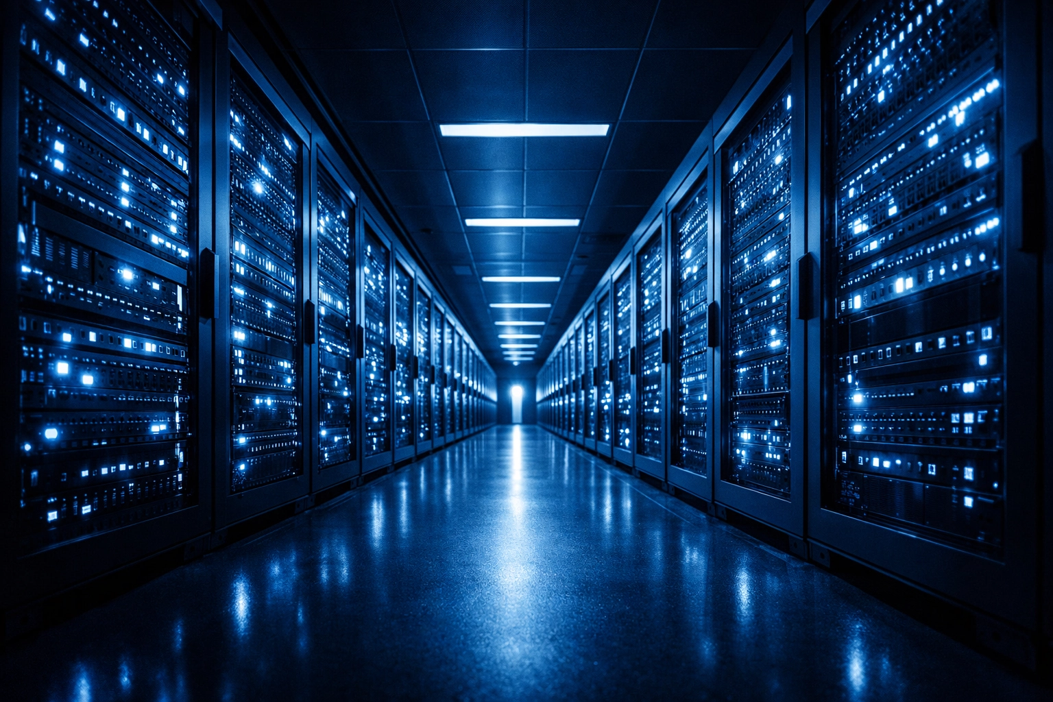 Secure blue-tinted server room illustrating enterprise-grade data protection for Google Workspace.