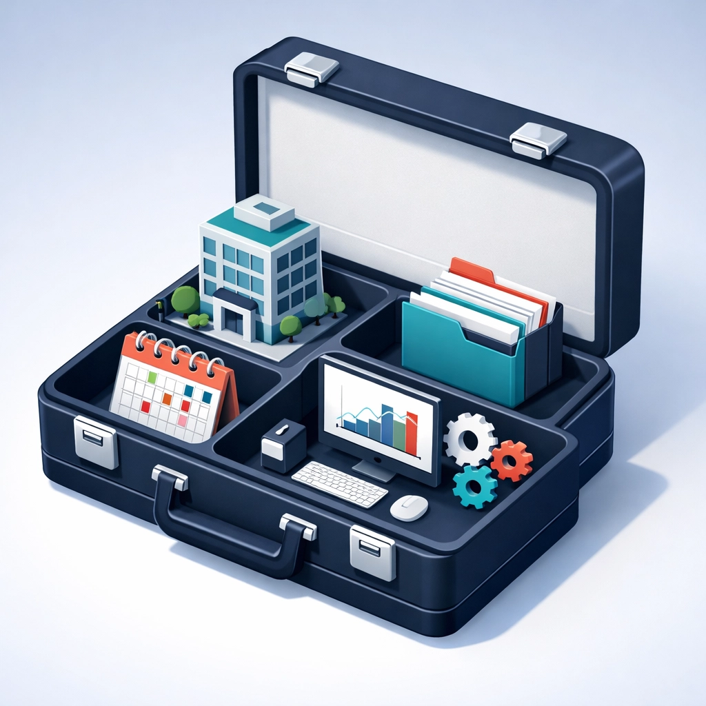 Business-in-a-Box toolbox with organized startup back office functions and services