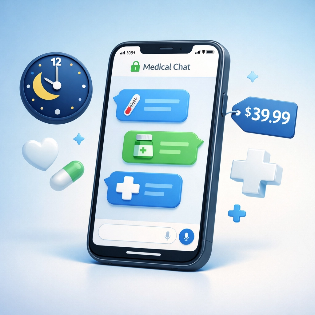 Smartphone displaying online urgent care chat interface with $39.99 flat rate and 24/7 availability