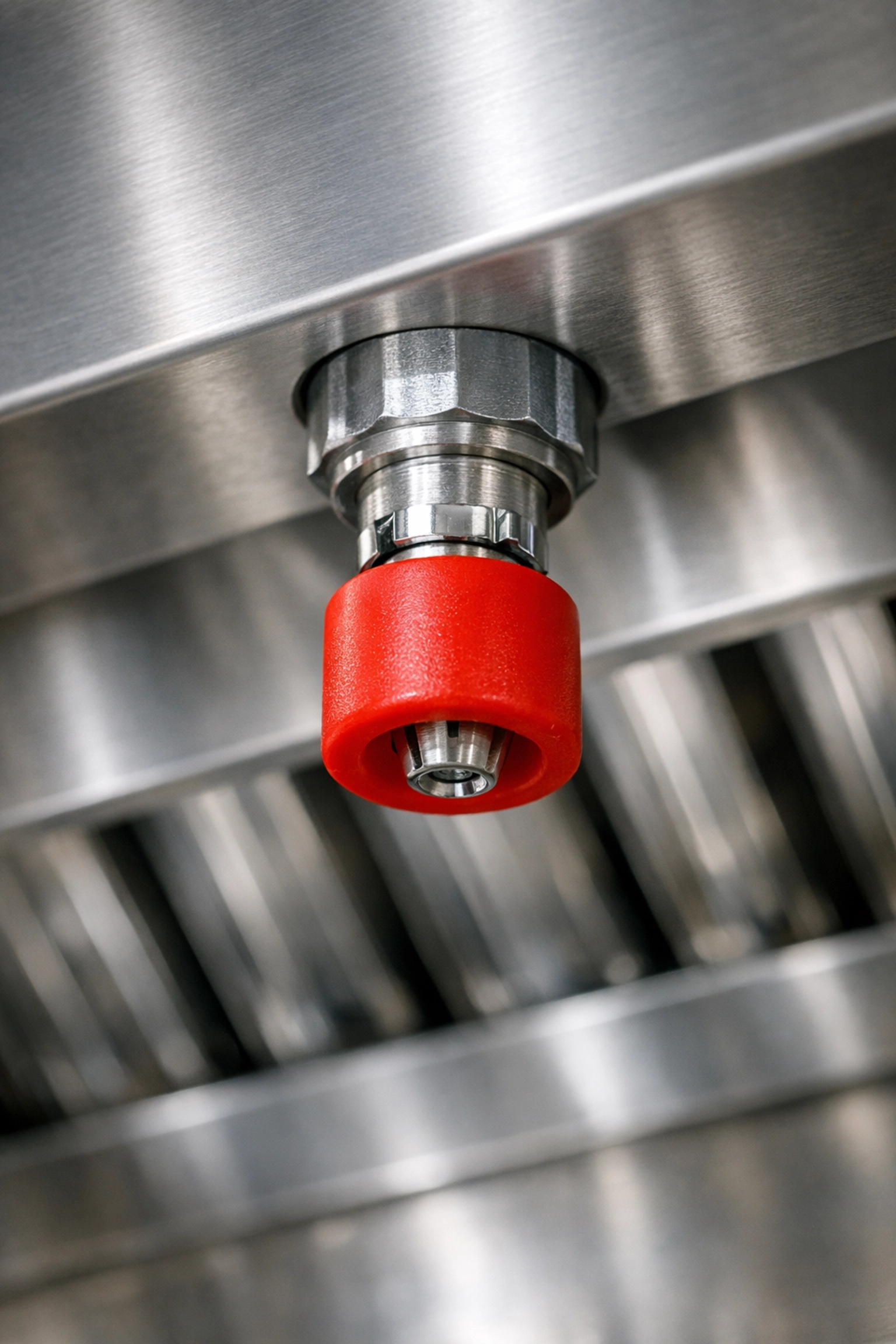 Commercial kitchen fire suppression system nozzle with protective cap for property coverage eligibility.