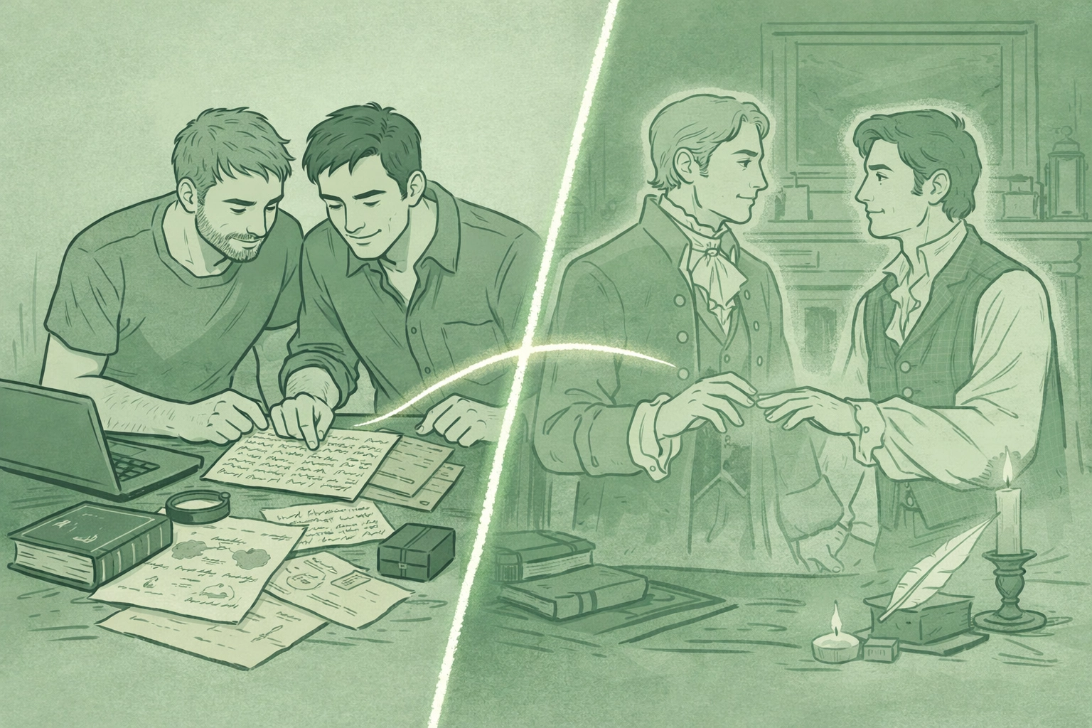 Dual timeline gay romance connecting past and present lovers in haunted manor