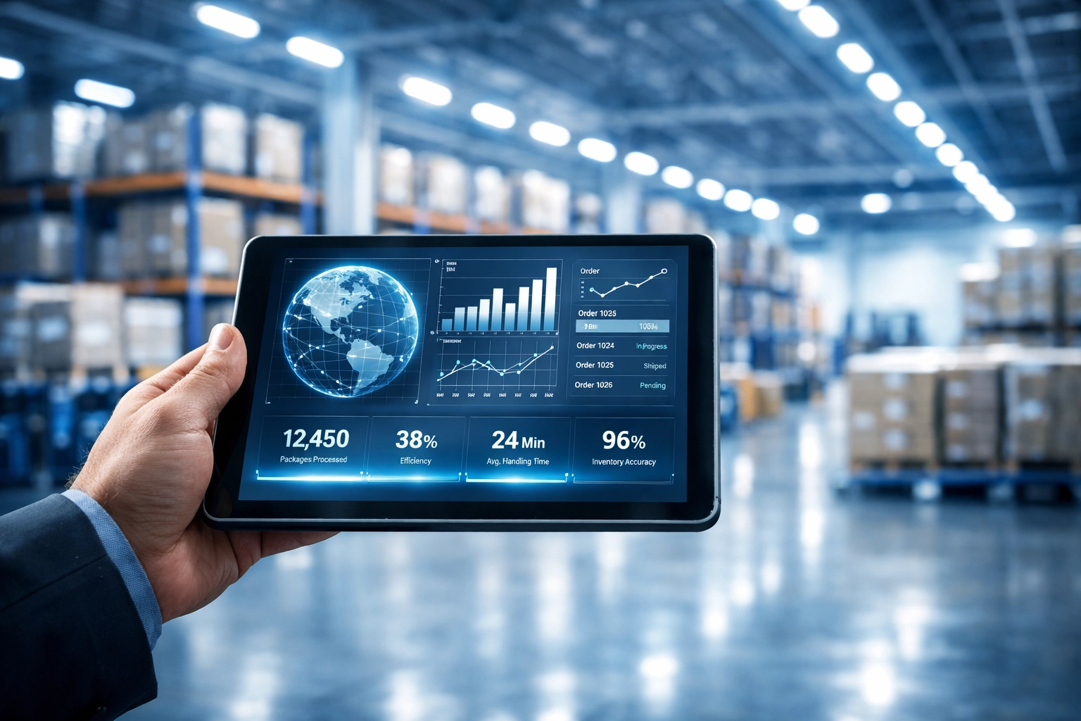 Logistics professional using a digital tablet to track inventory in a modern, high-tech cargo warehouse.