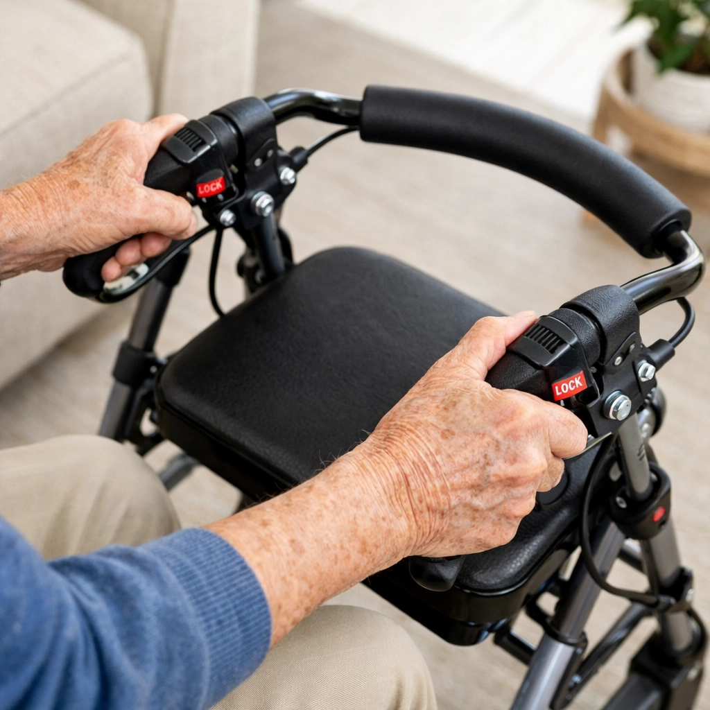 Hands locking rollator walker brakes before sitting to prevent falls