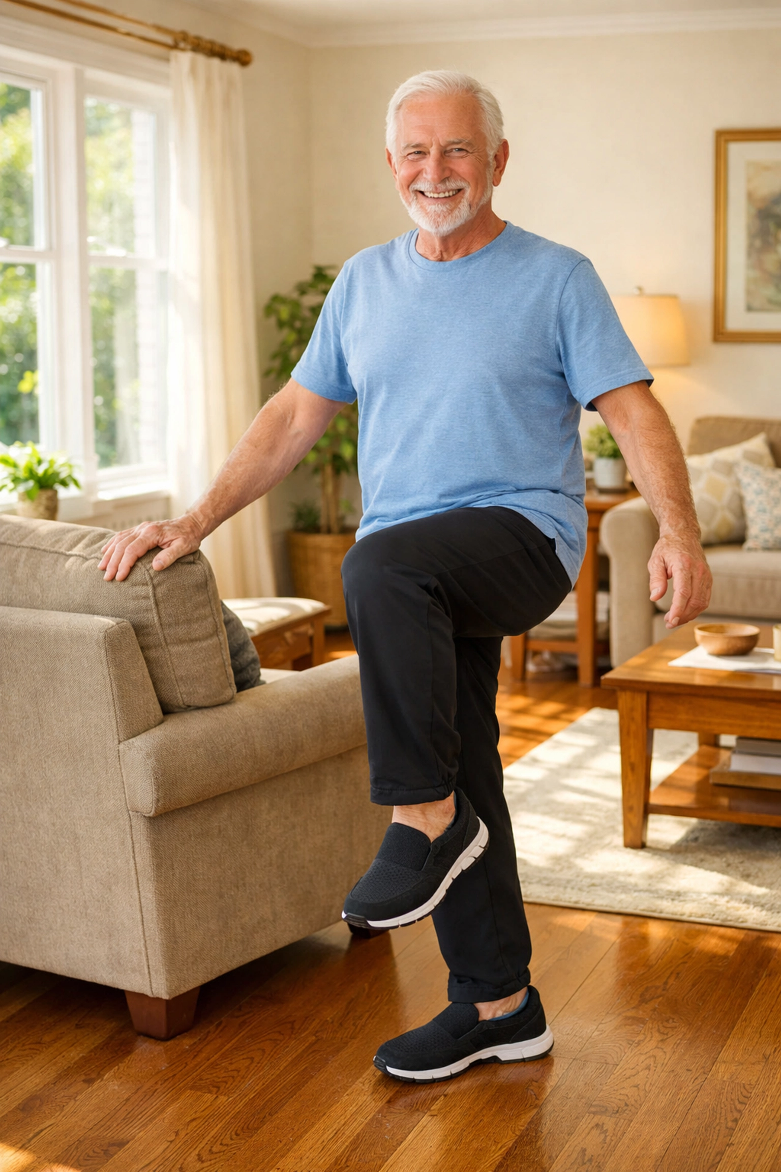 Senior man practicing single-leg balance exercise at home wearing supportive indoor footwear