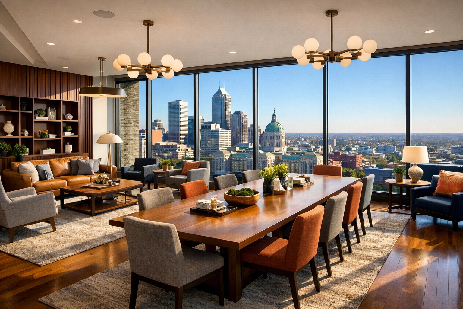 Clean, upscale multifamily lounge in Indianapolis reflecting premium property maintenance standards.