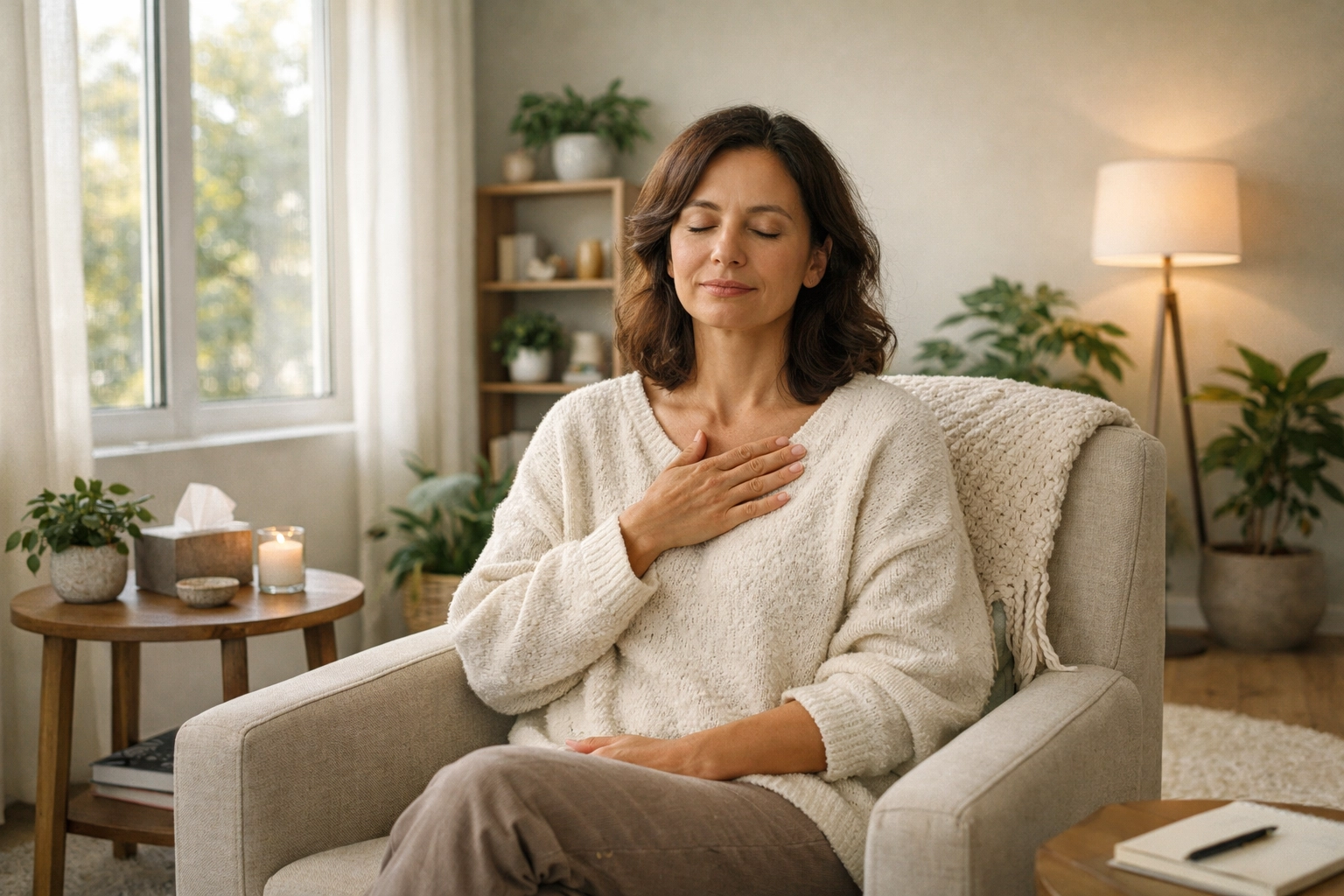 Woman practicing self-compassion during hypnotherapy session for confidence building