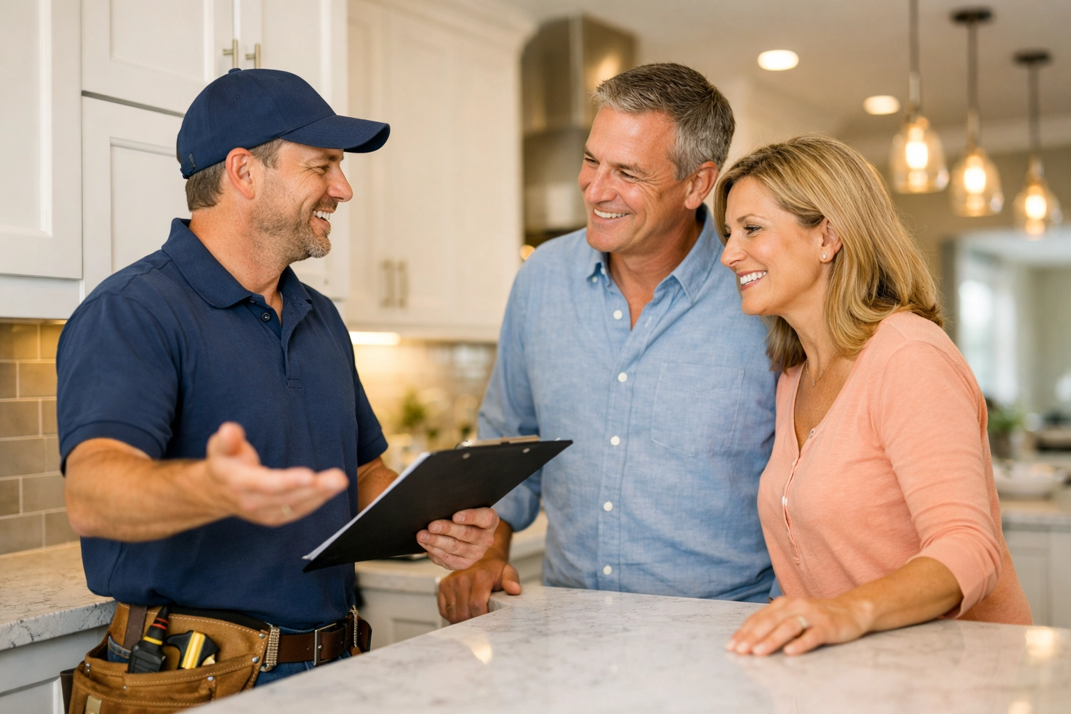 Happy Orlando homeowners viewing completed kitchen renovation with contractor