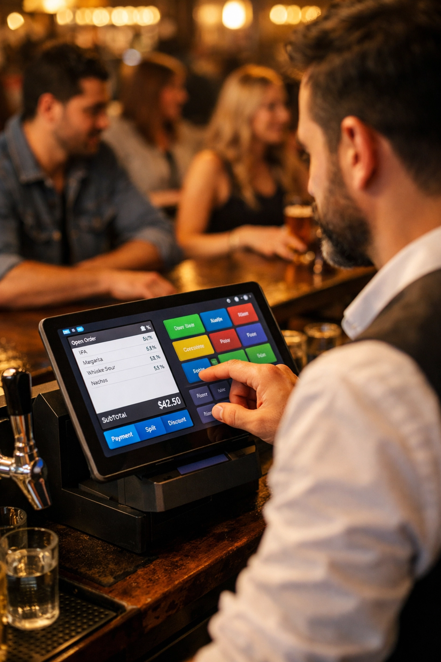 Bartender using touchscreen POS terminal during peak service at busy pub bar