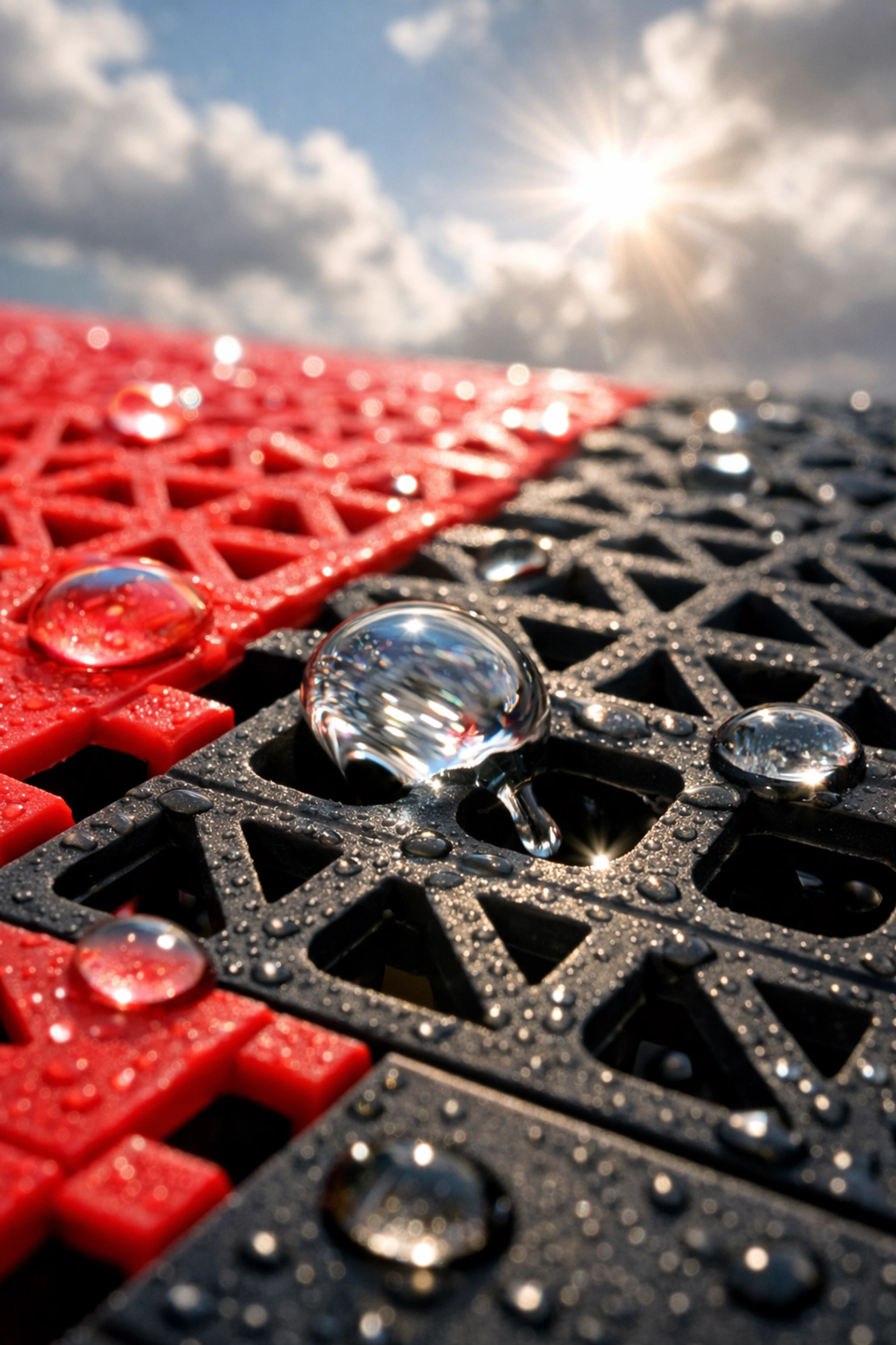 Close-up of interlocking polypropylene sports tiles showing open-grid drainage for all-weather play.