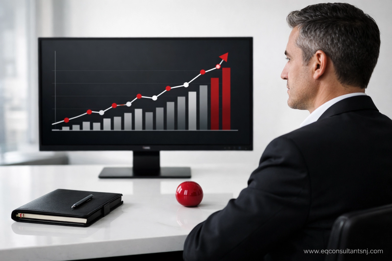 Self-employed professional monitoring a financial growth chart for better cash flow forecasting.