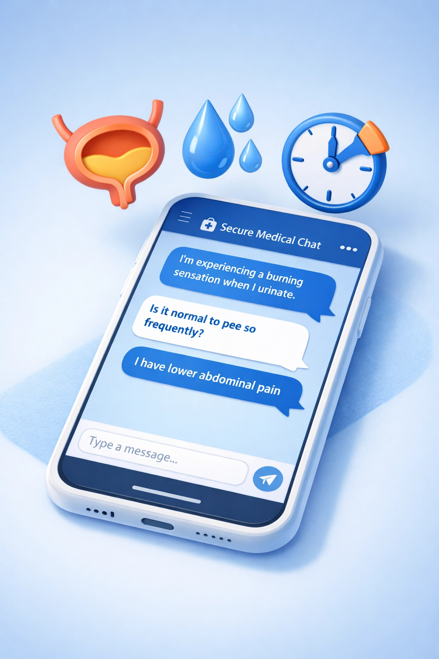 Smartphone displaying online medical chat for UTI symptoms and treatment