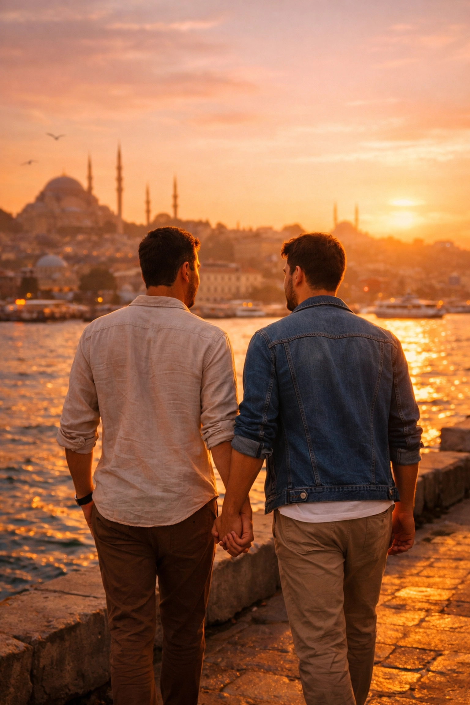 Gay couple walks hand-in-hand along Bosphorus at sunset in Istanbul MM romance