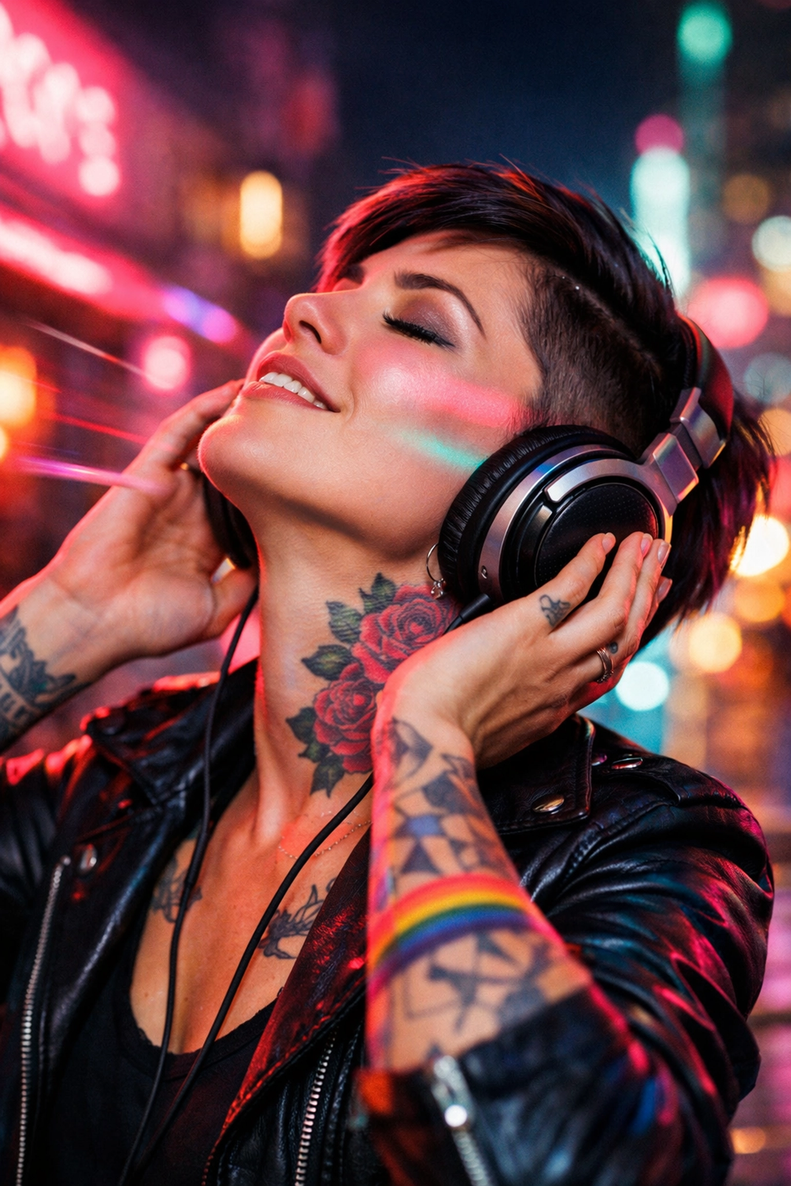 A lesbian woman experiencing emotional release while listening to powerful queer anthems.