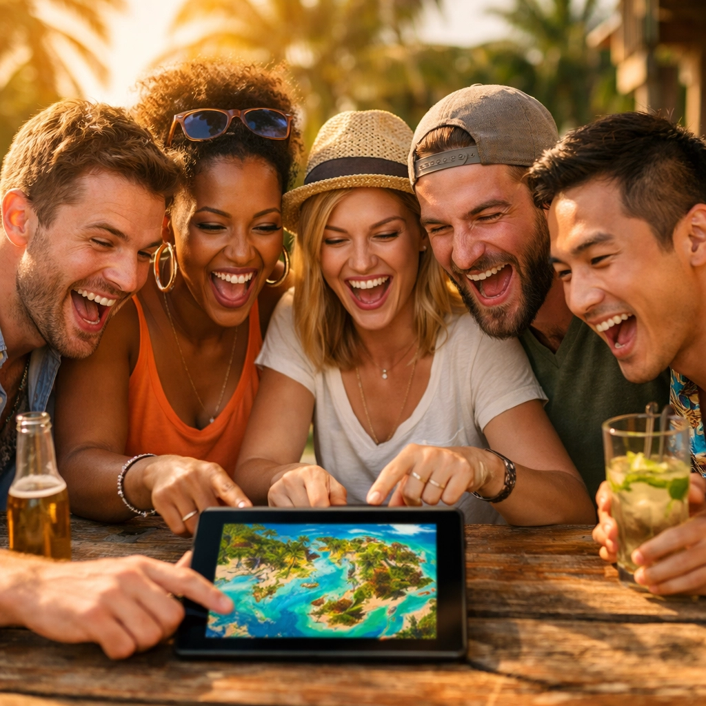 A group of friends planning their trip on a tablet, showing how to plan a group cruise together.
