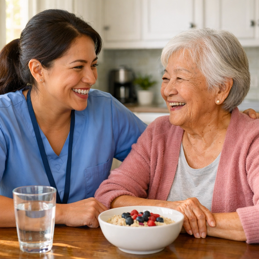 Caregiver sharing breakfast conversation with elderly client in Northern Virginia home
