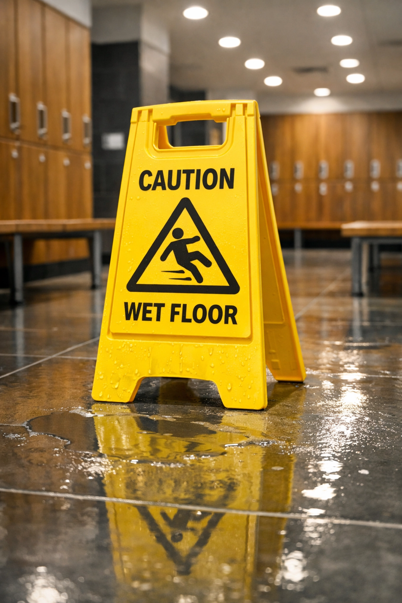 Yellow wet floor caution sign in gym locker room before slip accident