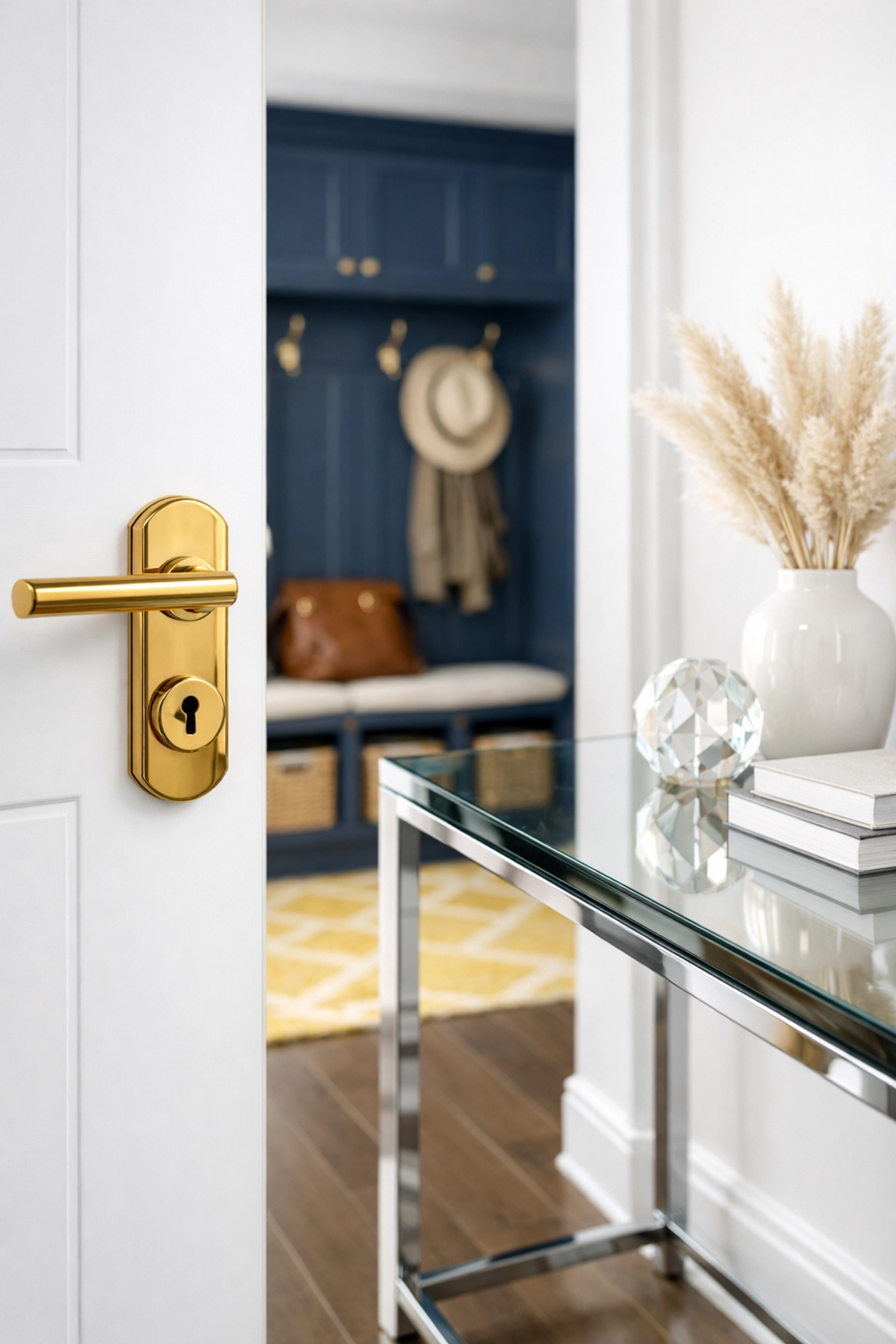 Sanitized door handle and dust-free glass table in a home using residential cleaning Massachusetts services.