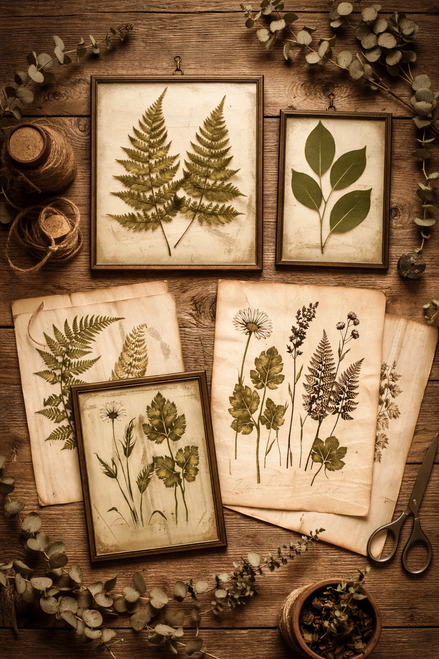 Flat lay of botanical wall decor with pressed ferns, vintage botanical prints, and rustic artisan touches