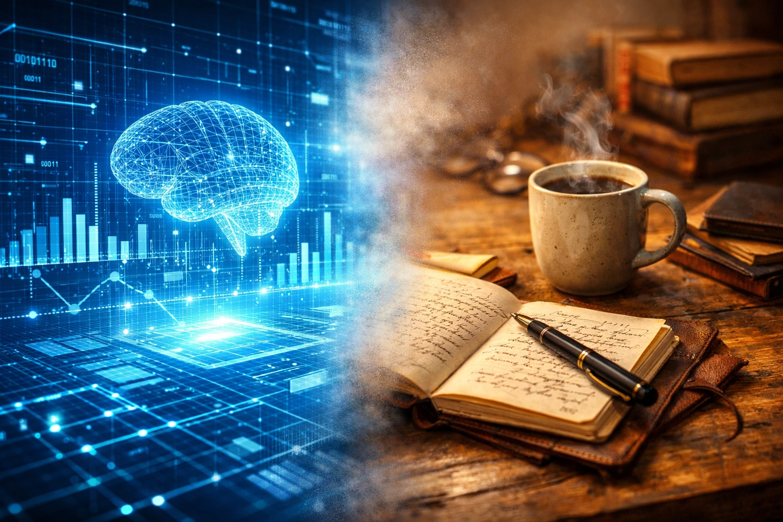 Contrast between an authentic human workspace and clinical AI data representing professional experience.