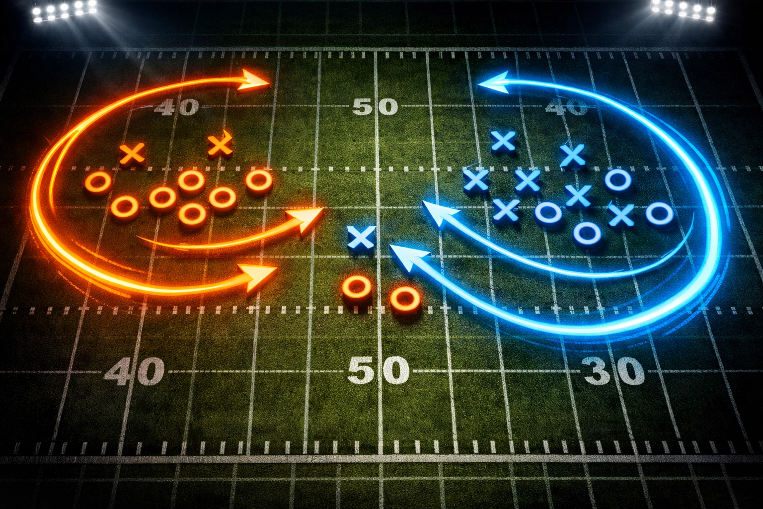 Overhead football field diagram showing pre-snap motion trails and strategic formations