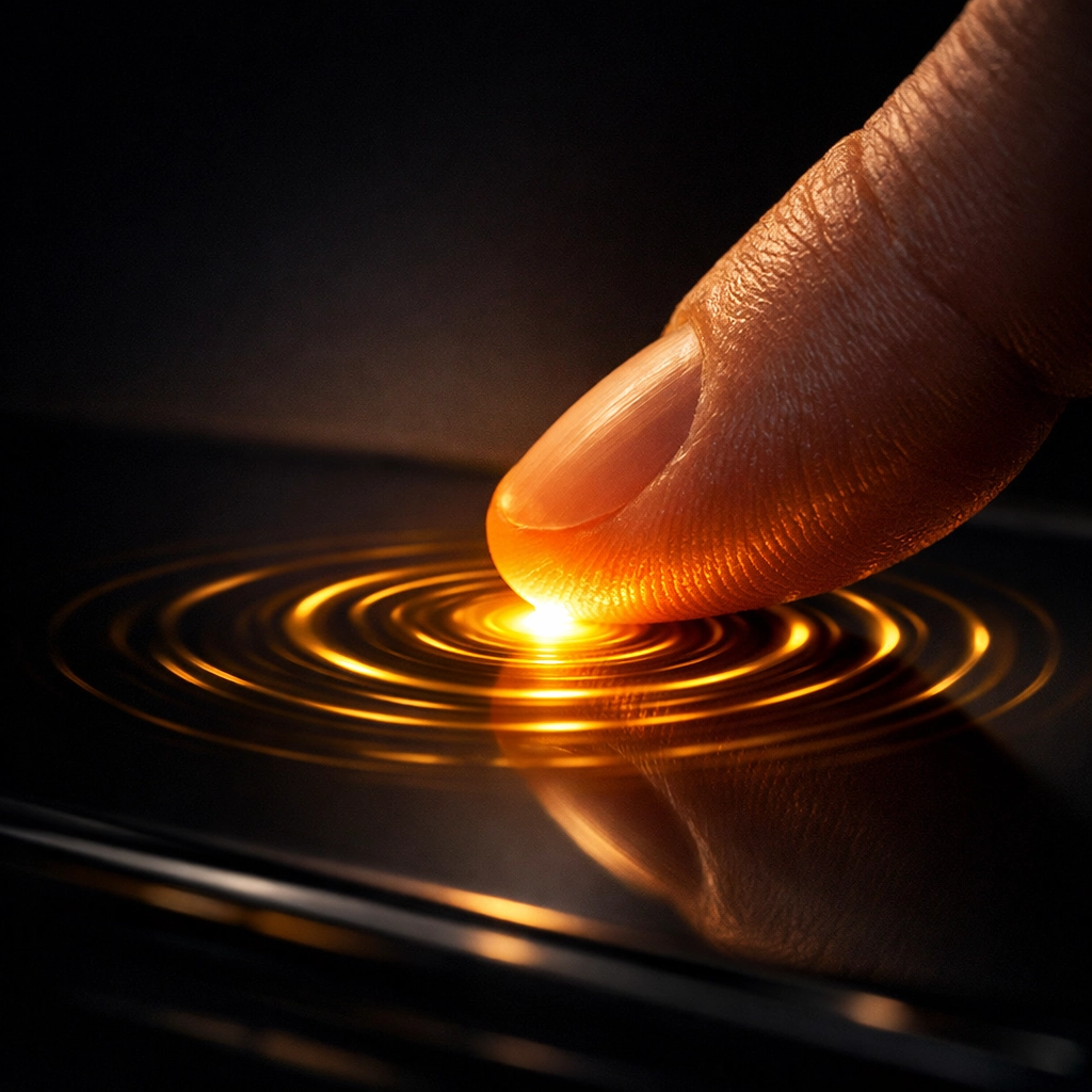 Close-up of a finger using one-tap trading technology for instant and precise market entry.