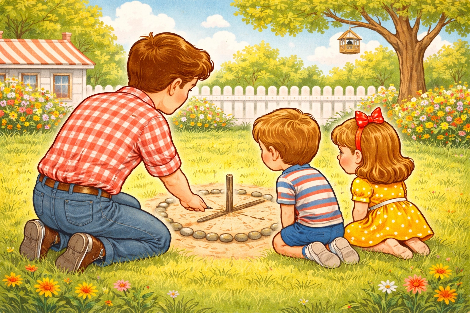 A family in a sunny backyard gathers around a homemade sundial, learning how to tell time outdoors together.