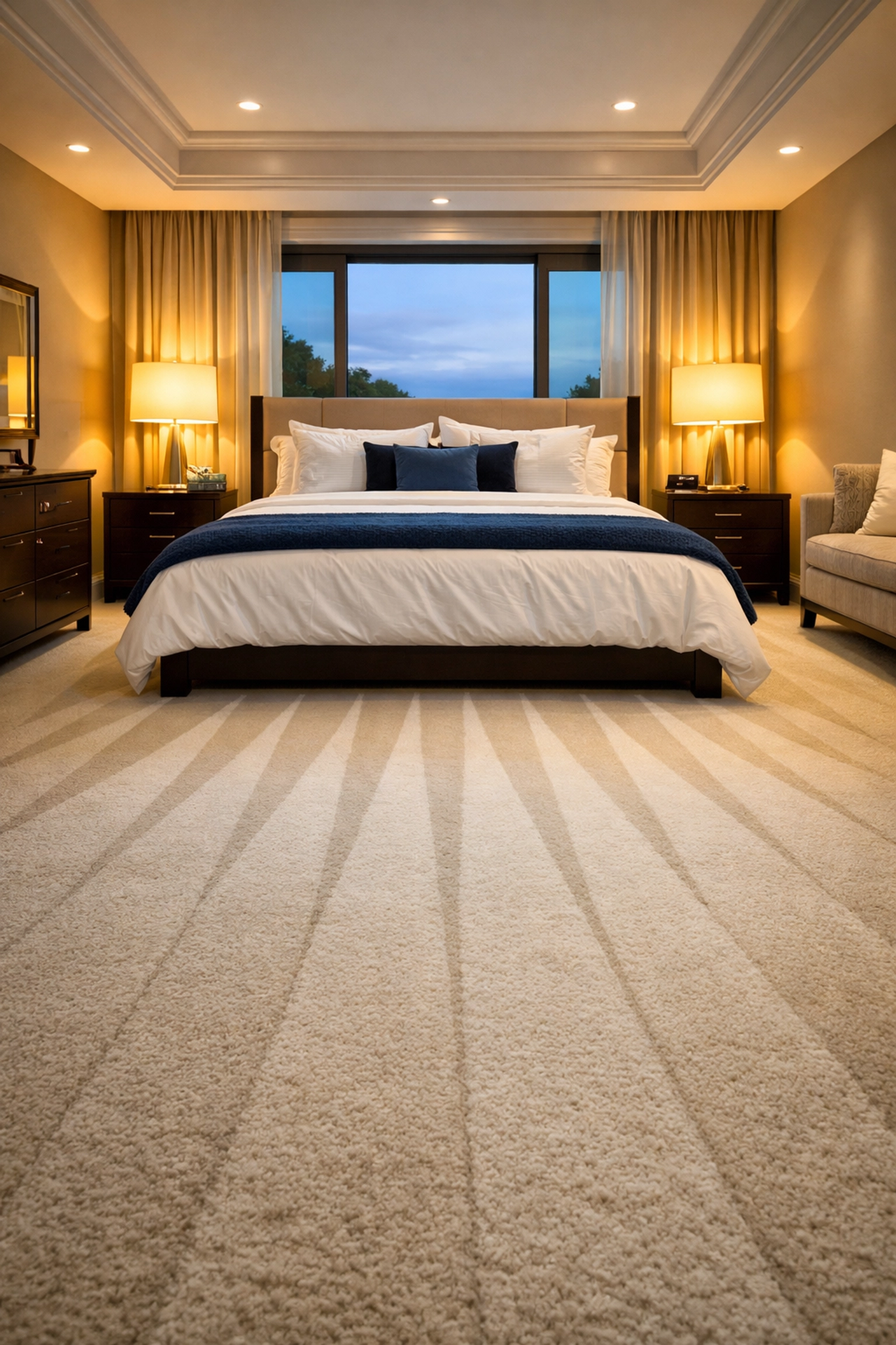 Spotless luxury bedroom in Hudson with vacuum lines showing high-standard recurring house cleaning.