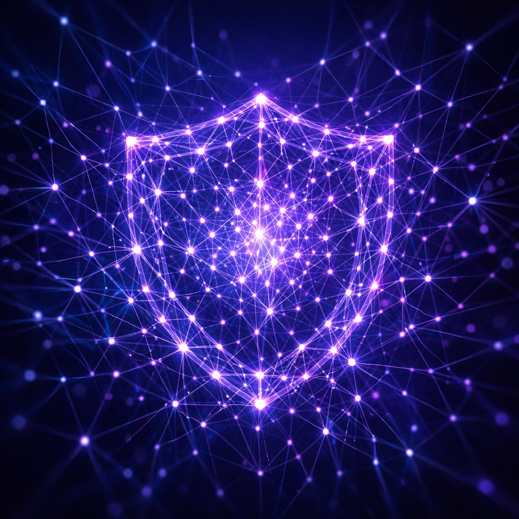 A connected digital network of glowing nodes illustrating the power of community in disability advocacy.