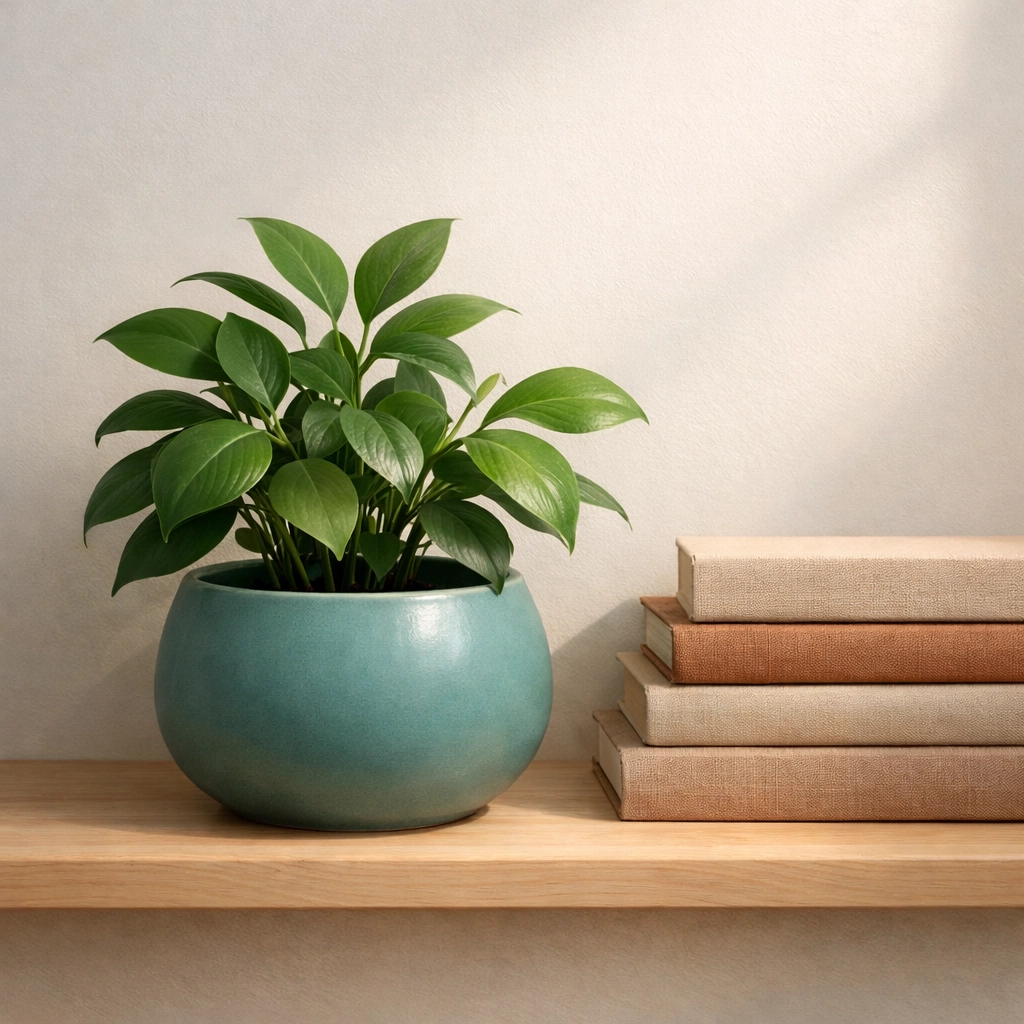 Potted plant and books in a calm, affirming office space supporting adult ADHD diagnosis and neurodivergent adults.