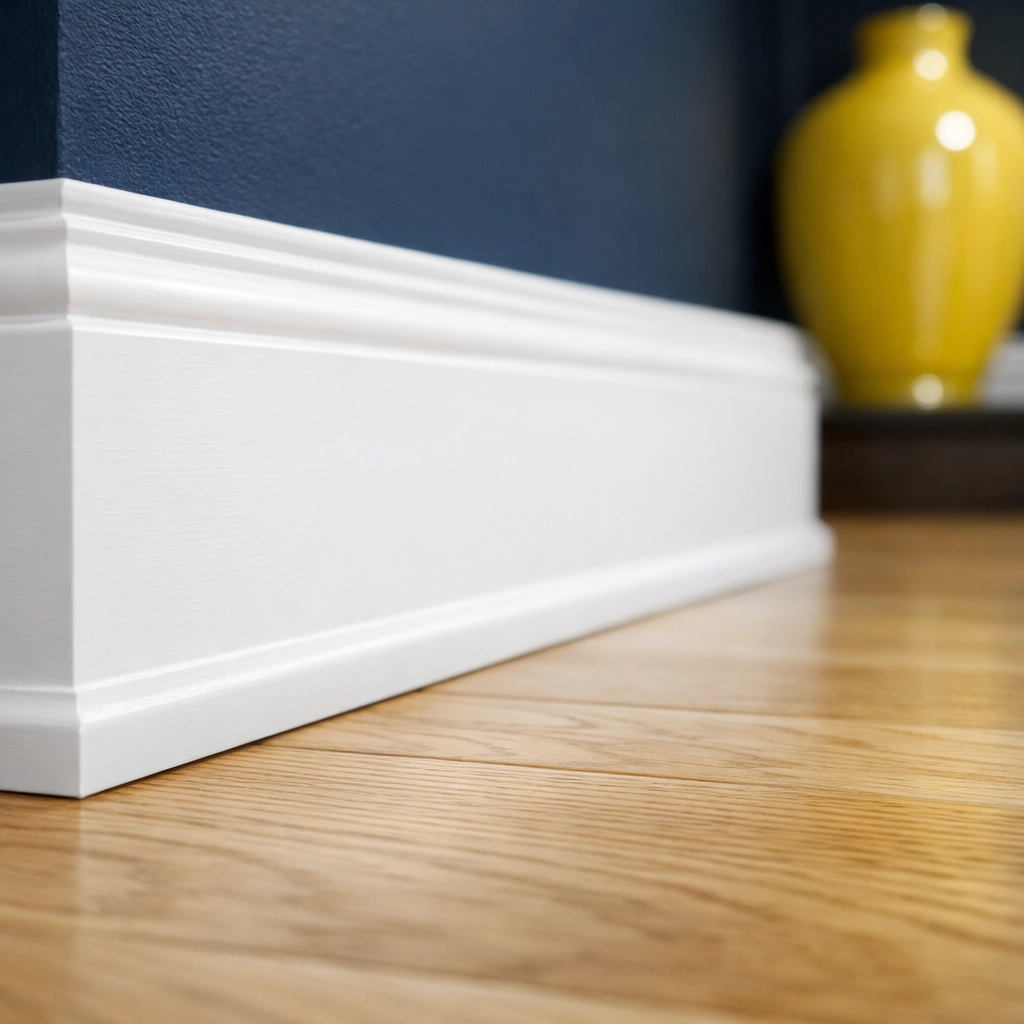 Detail of clean baseboards and polished hardwood floors for move-out cleaning Worcester MA.