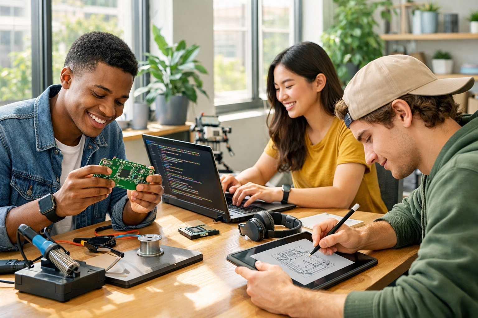 Young professionals collaborating in a modern tech workspace, exploring STEM careers without degrees