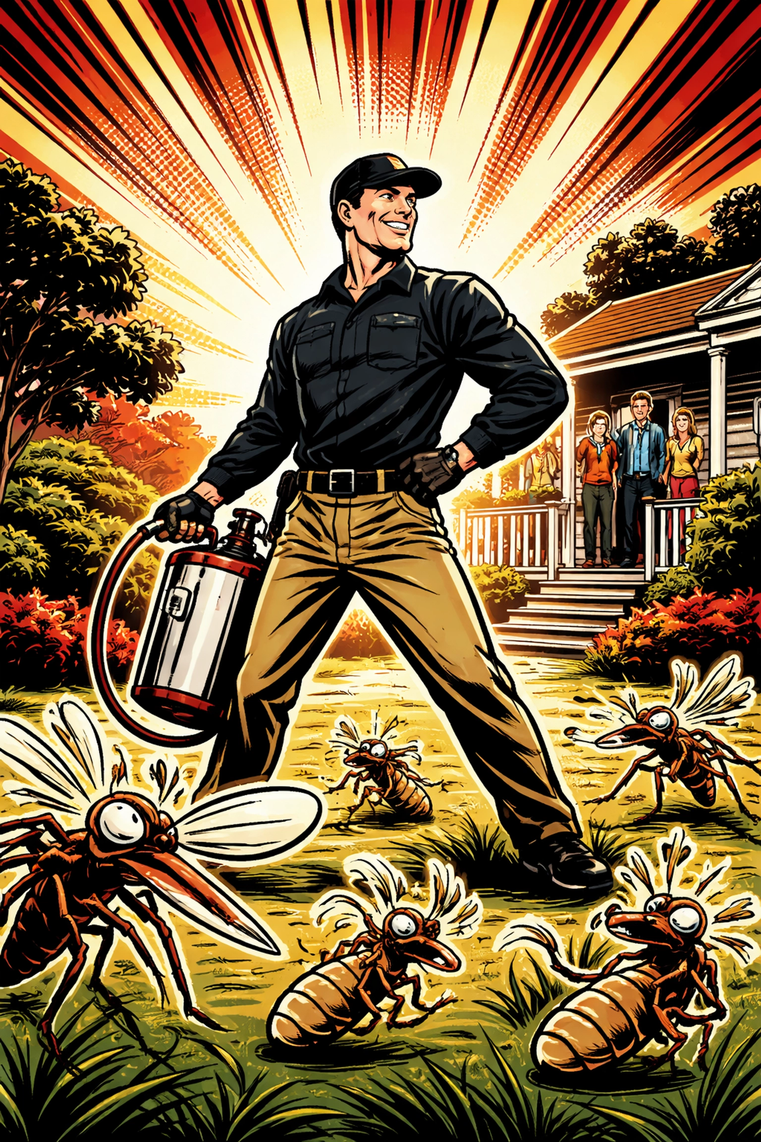 Heroic pest control technician protecting an Alabama backyard from mosquitoes and termites, symbolizing premium pest control service.