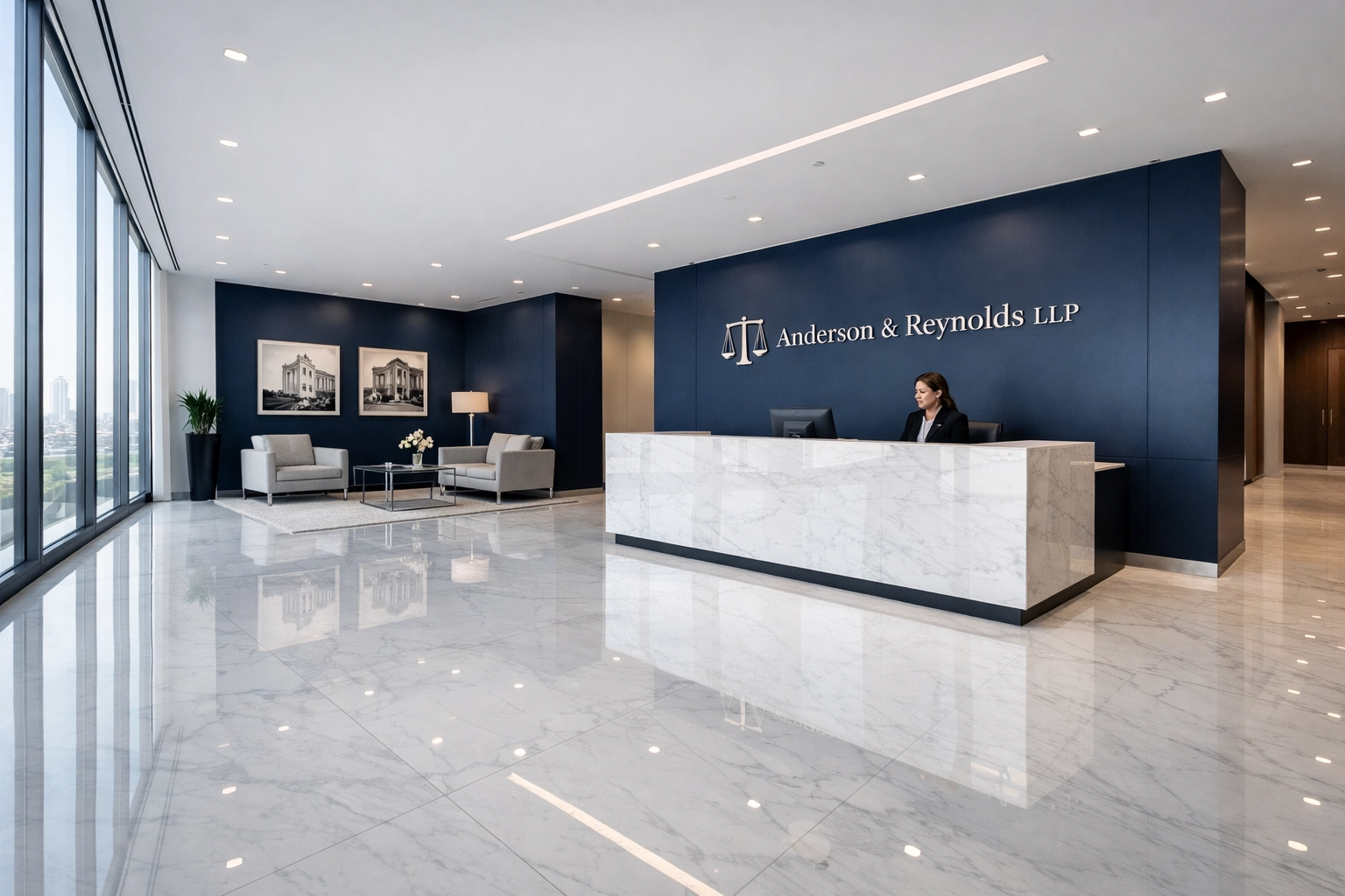 Immaculate law firm reception area featuring polished marble floors maintained by professional cleaners.