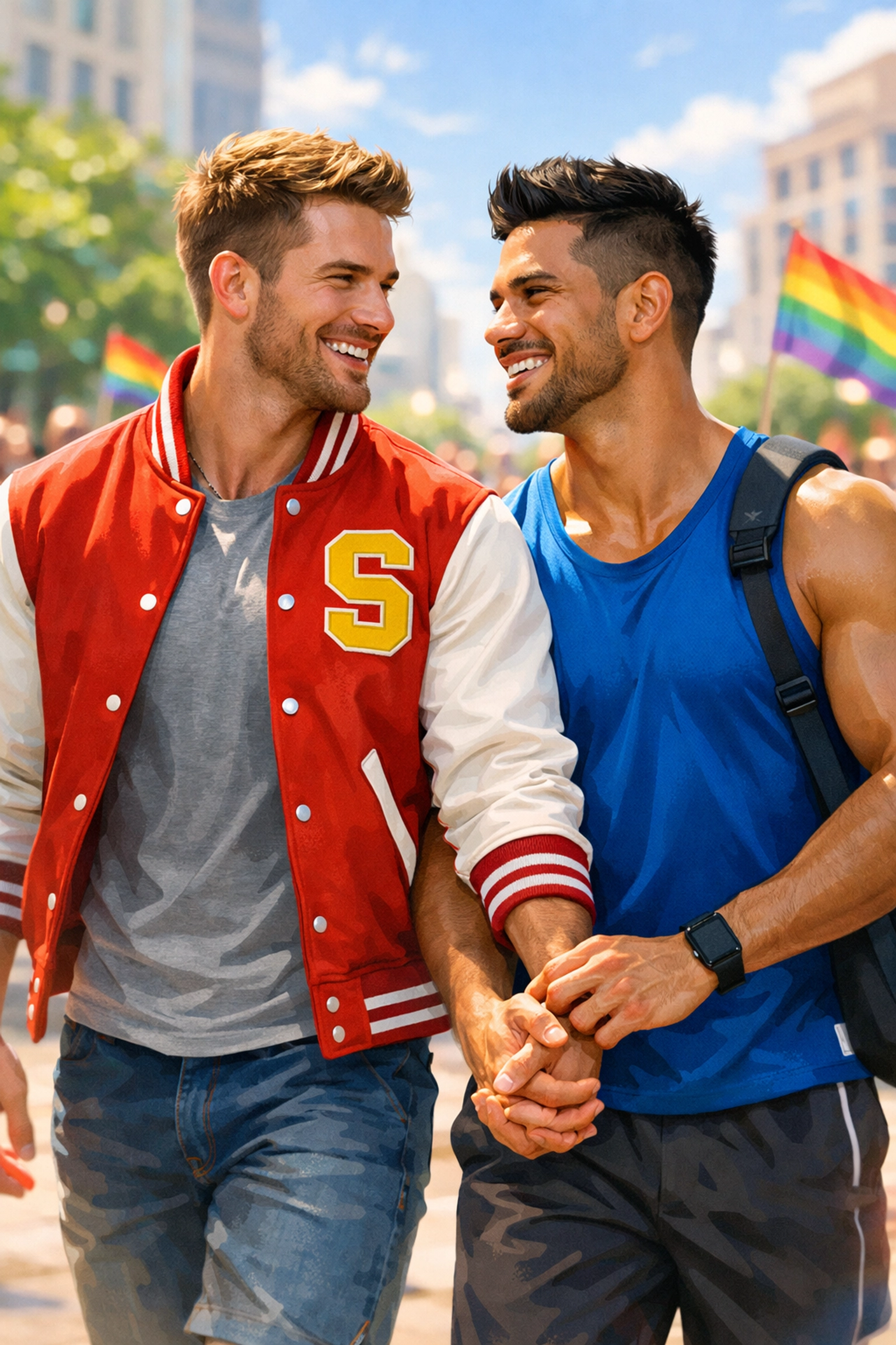 Two athletic men holding hands in a city square representing MM sports romance and fake dating books.