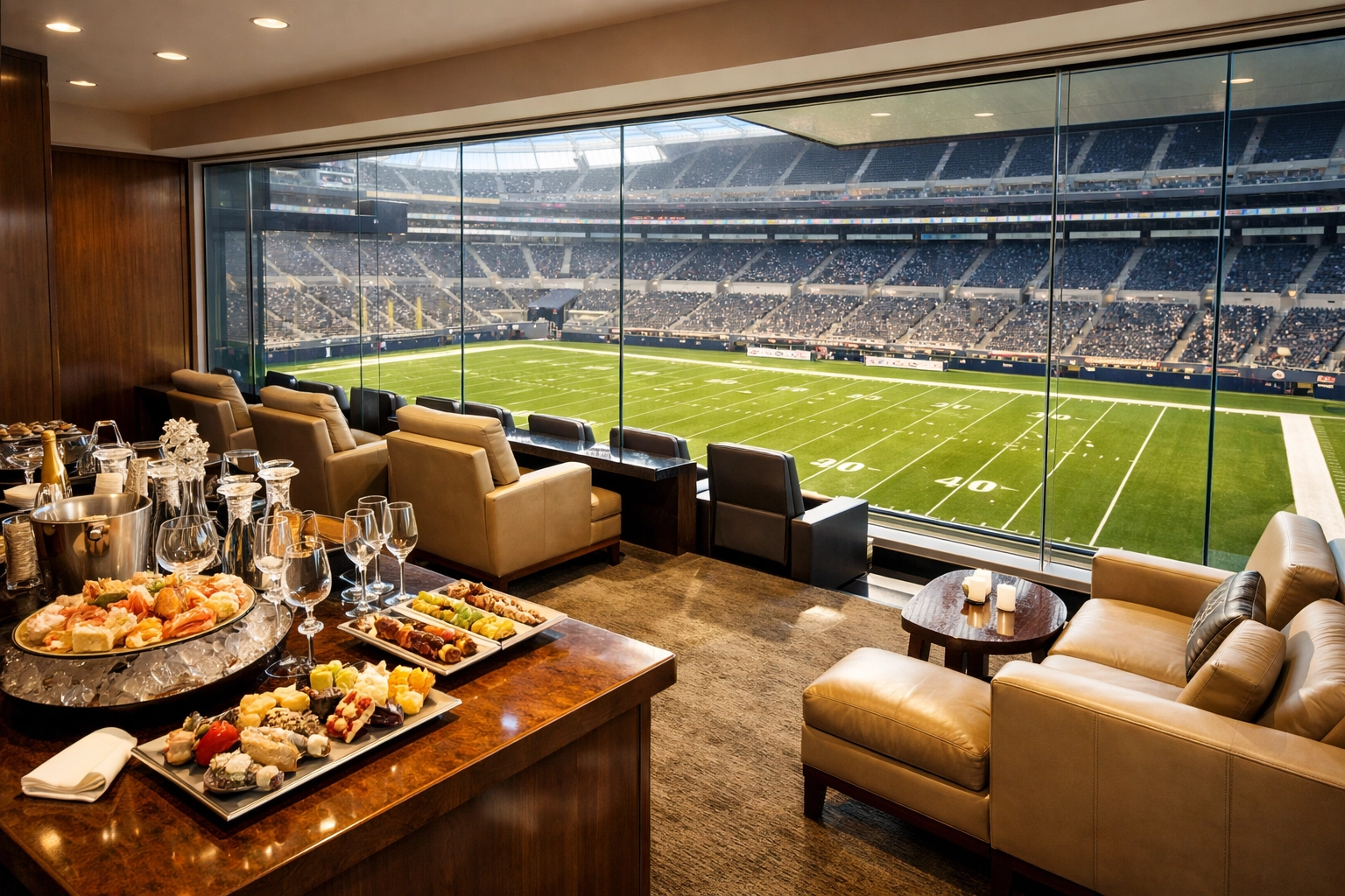 Luxury Super Bowl stadium suite with plush seating and field view for corporate hospitality.