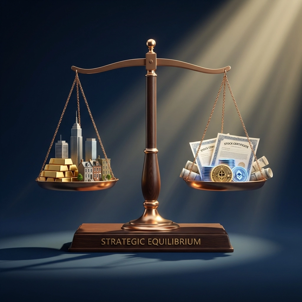 Balanced scale featuring gold bars, real estate, stocks, and digital coins representing investment diversification strategies