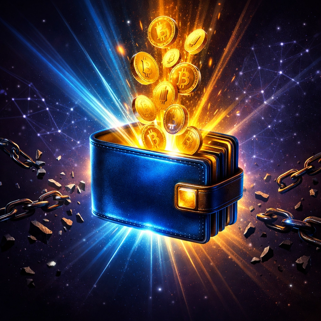 Self-custody crypto wallet with coins flowing in and broken chains symbolizing financial freedom