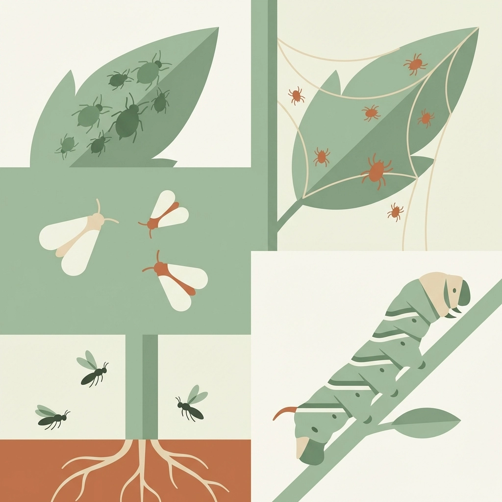 Common tomato plant pests including aphids, spider mites, whiteflies, hornworms, and fungus gnats shown in a simple illustration