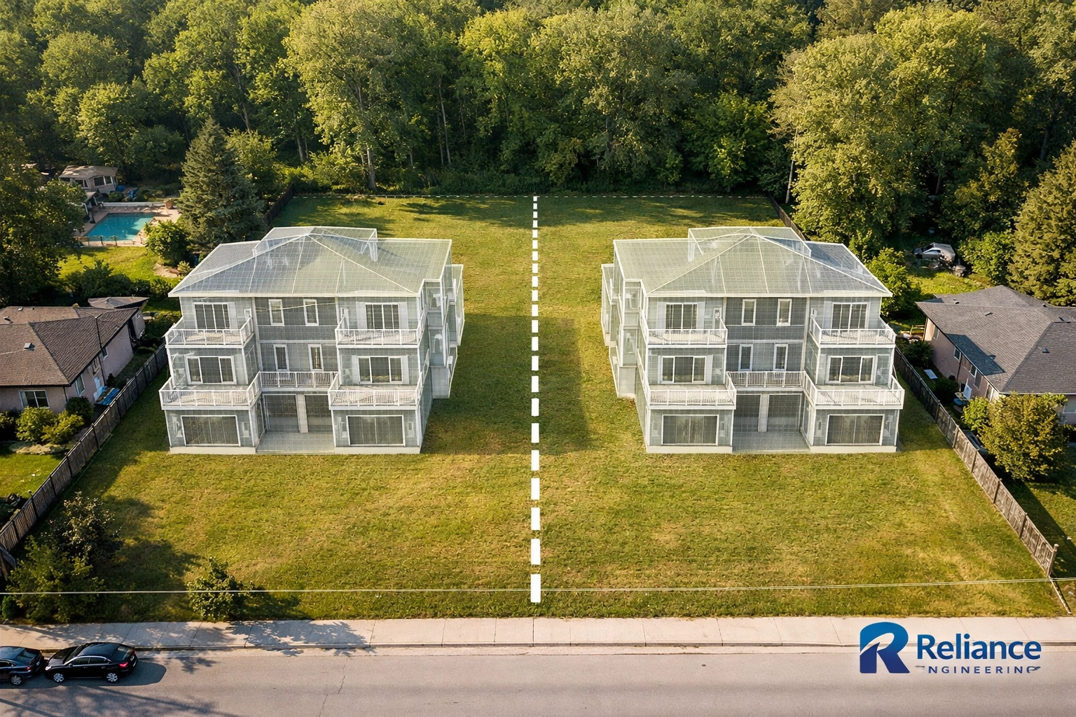 Aerial view showing lot severance and potential multiplex development density on an Ontario residential property.