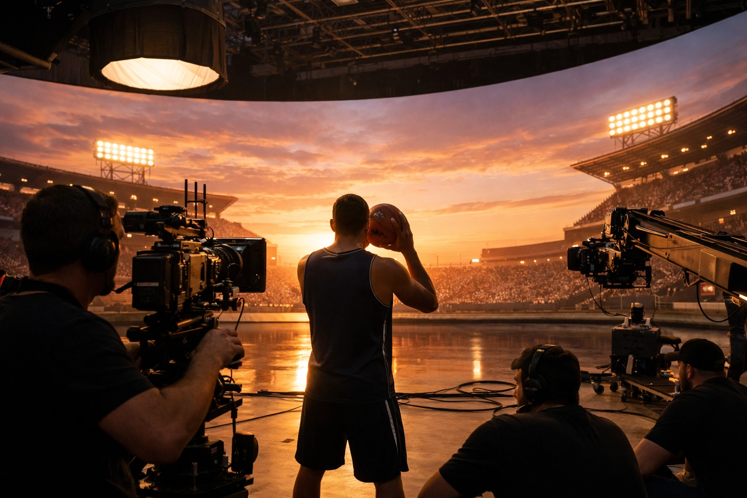 Professional virtual production studio using LED walls for high-quality live sports advertising content.