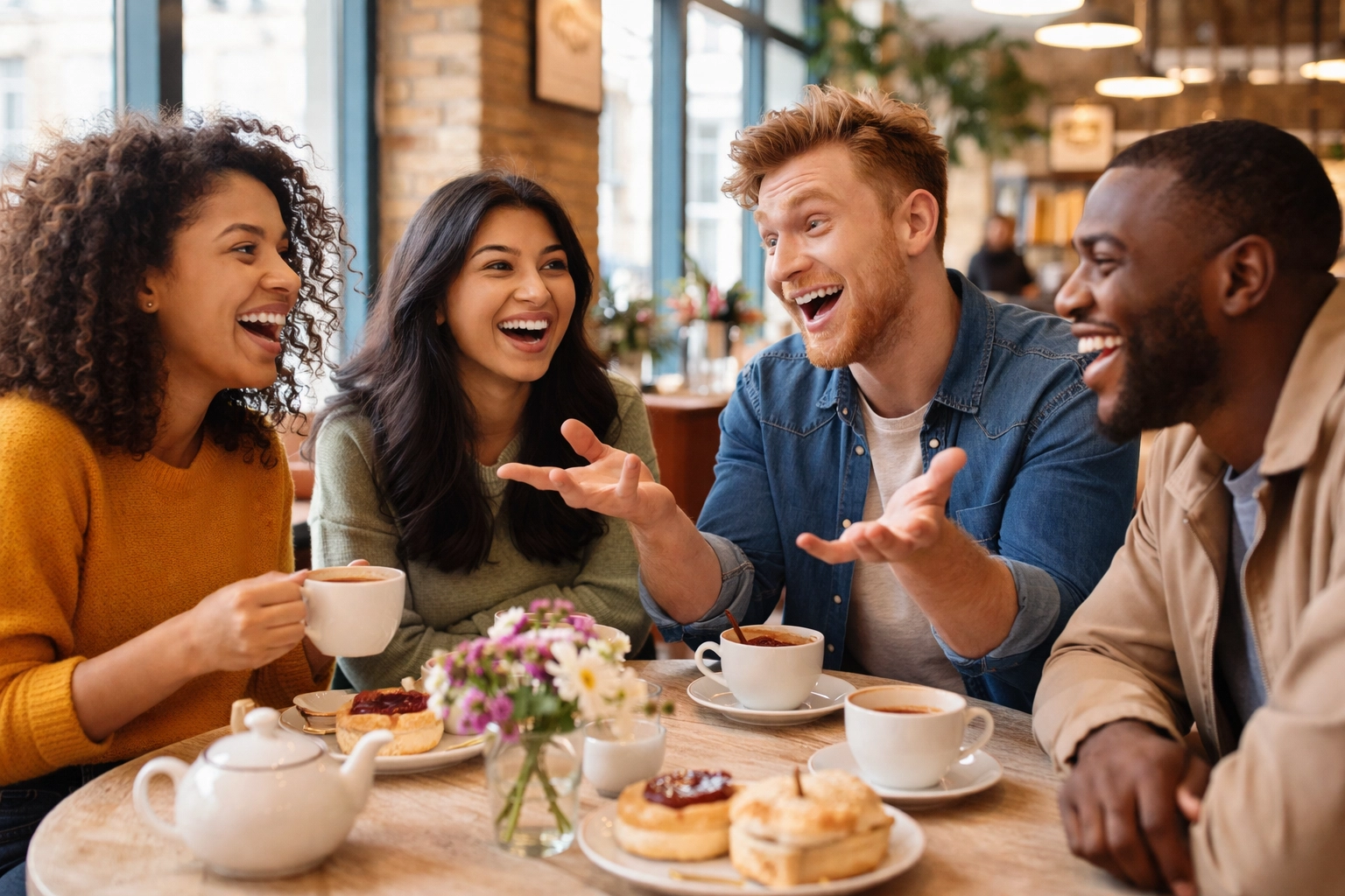 Group of friends laughing over tea in a British café embodying British social idioms and conversation
