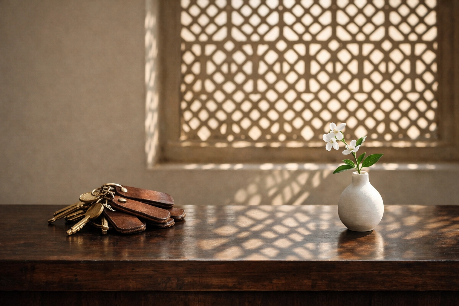 Organized boutique hotel reception desk with brass keys, illustrating hotel operations optimization.