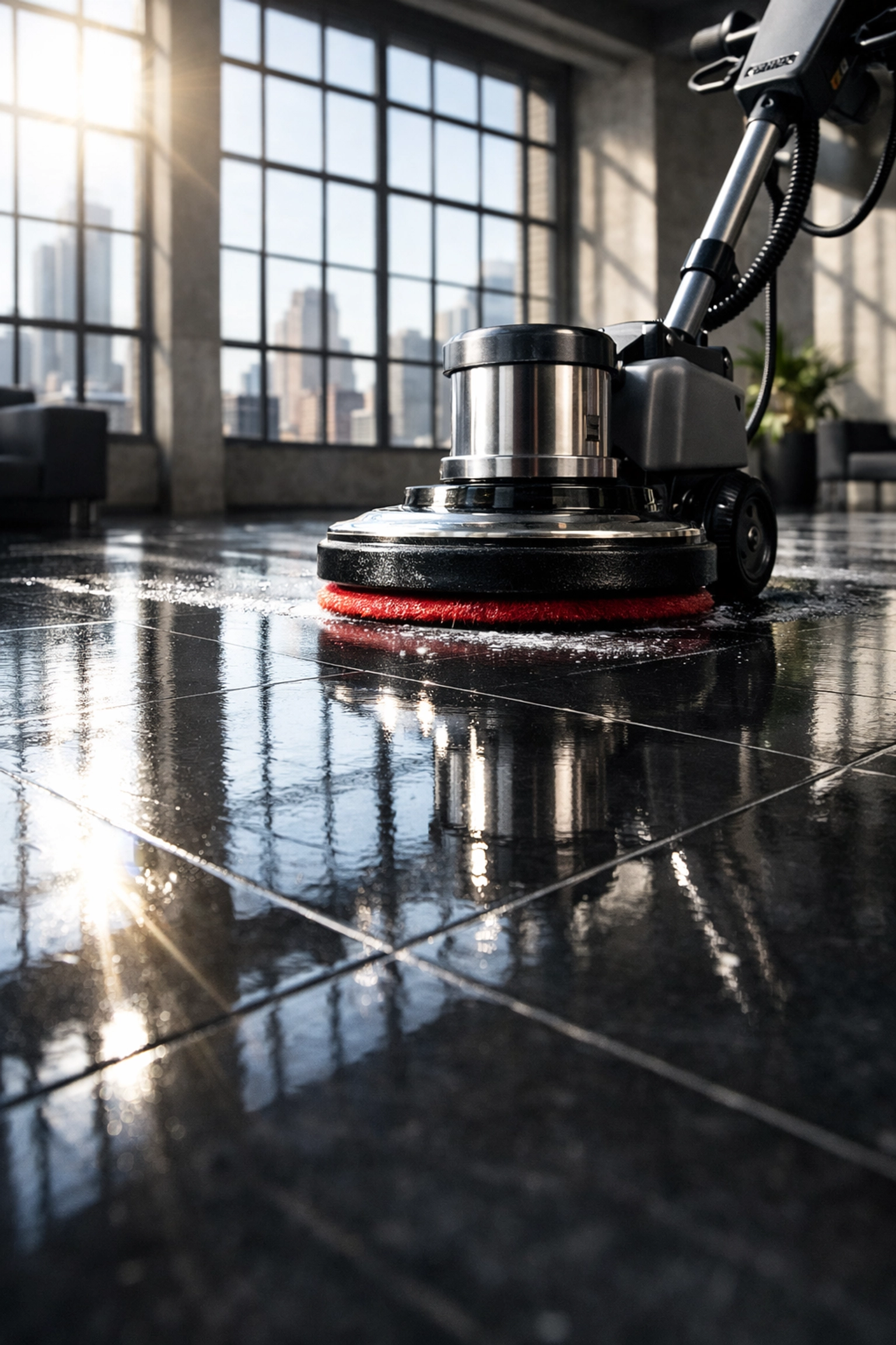 Professional deep cleaning equipment polishing stone floors in a modern Detroit commercial lobby.