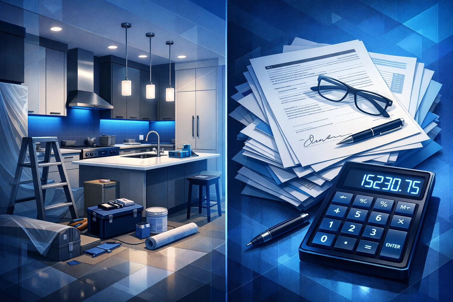 Kitchen renovation scene with construction tools and materials, alongside financial documents and a calculator displaying $15,230.75, illustrating costs associated with Major Capital Improvements (MCIs) for landlords.