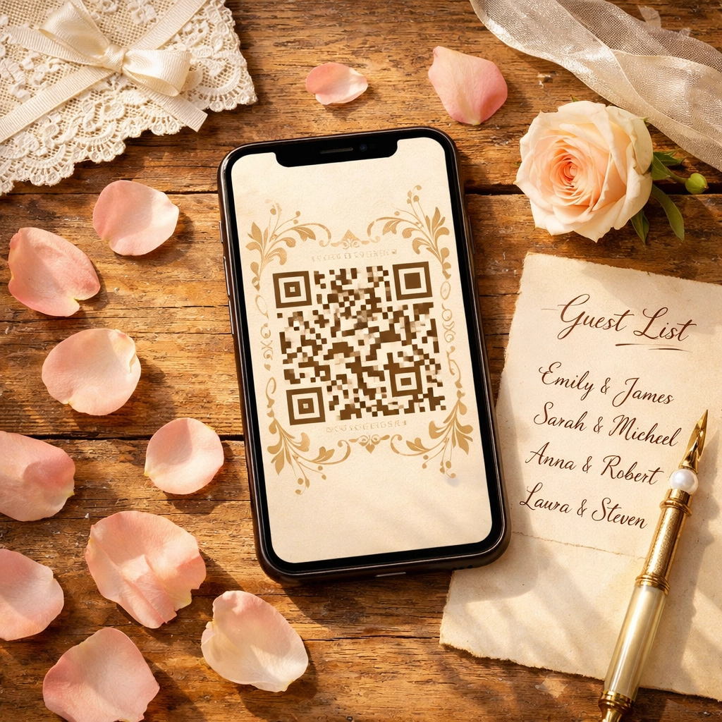 QR code on smartphone with wedding invitation details for easy guest RSVP access