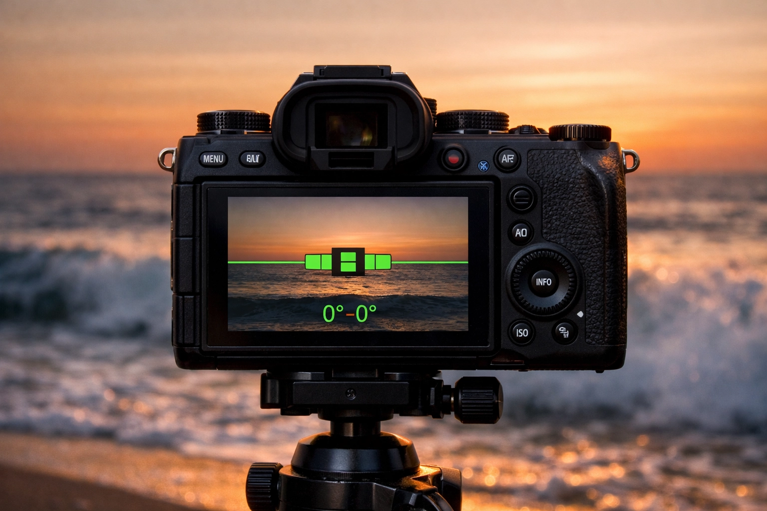 A mirrorless camera on a tripod displaying a digital level to fix crooked horizons in landscape photography.