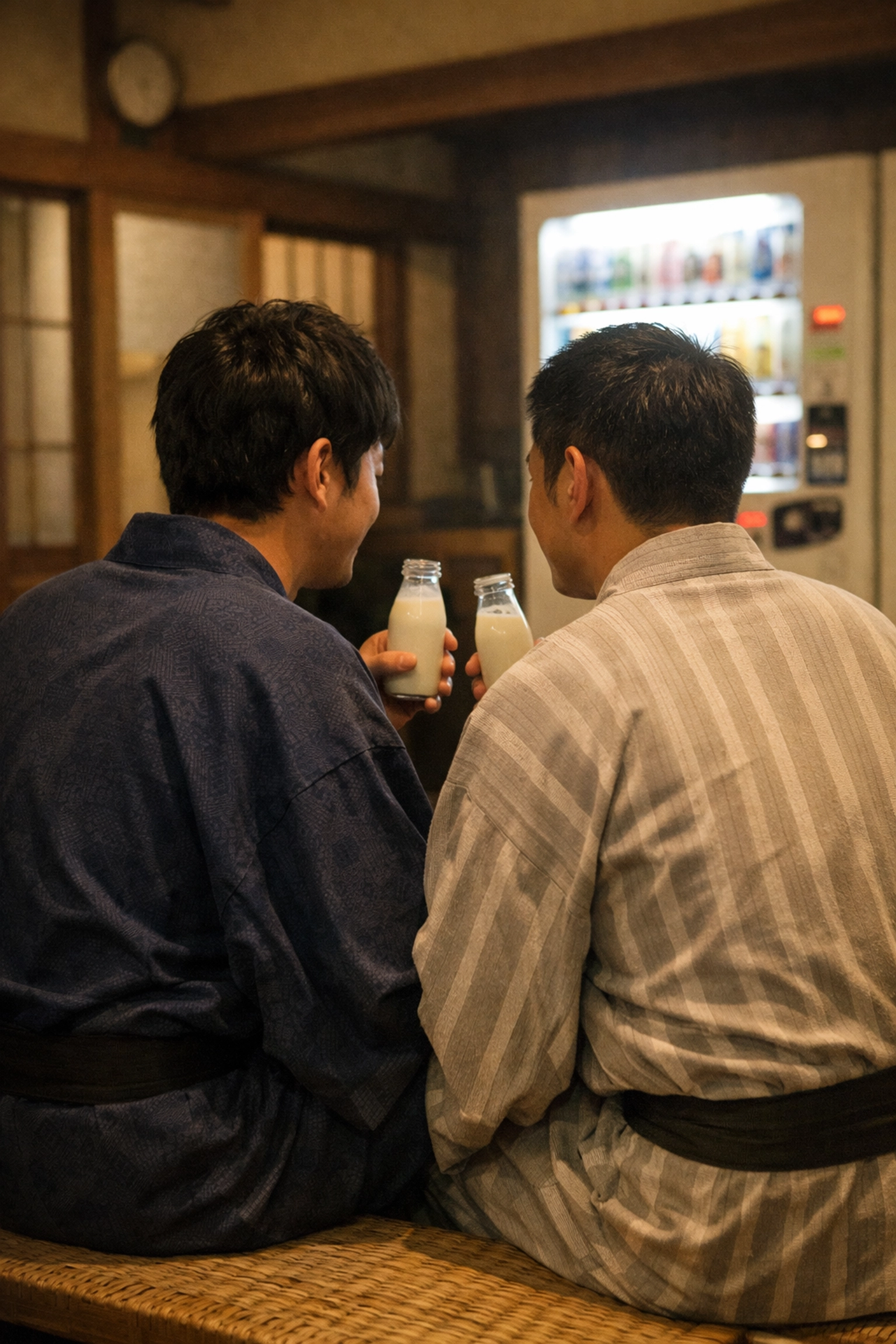 Two men in yukata share post-bath tradition at Tokyo gay-friendly bathhouse