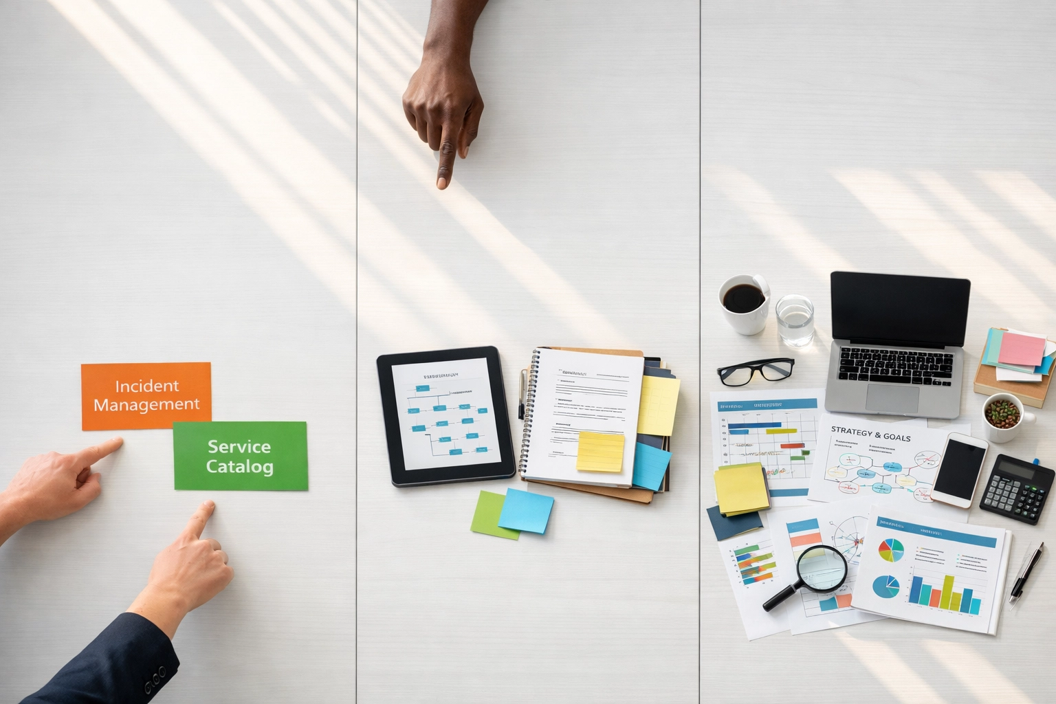 Phased ServiceNow ITSM implementation strategy showing three deployment stages on conference table